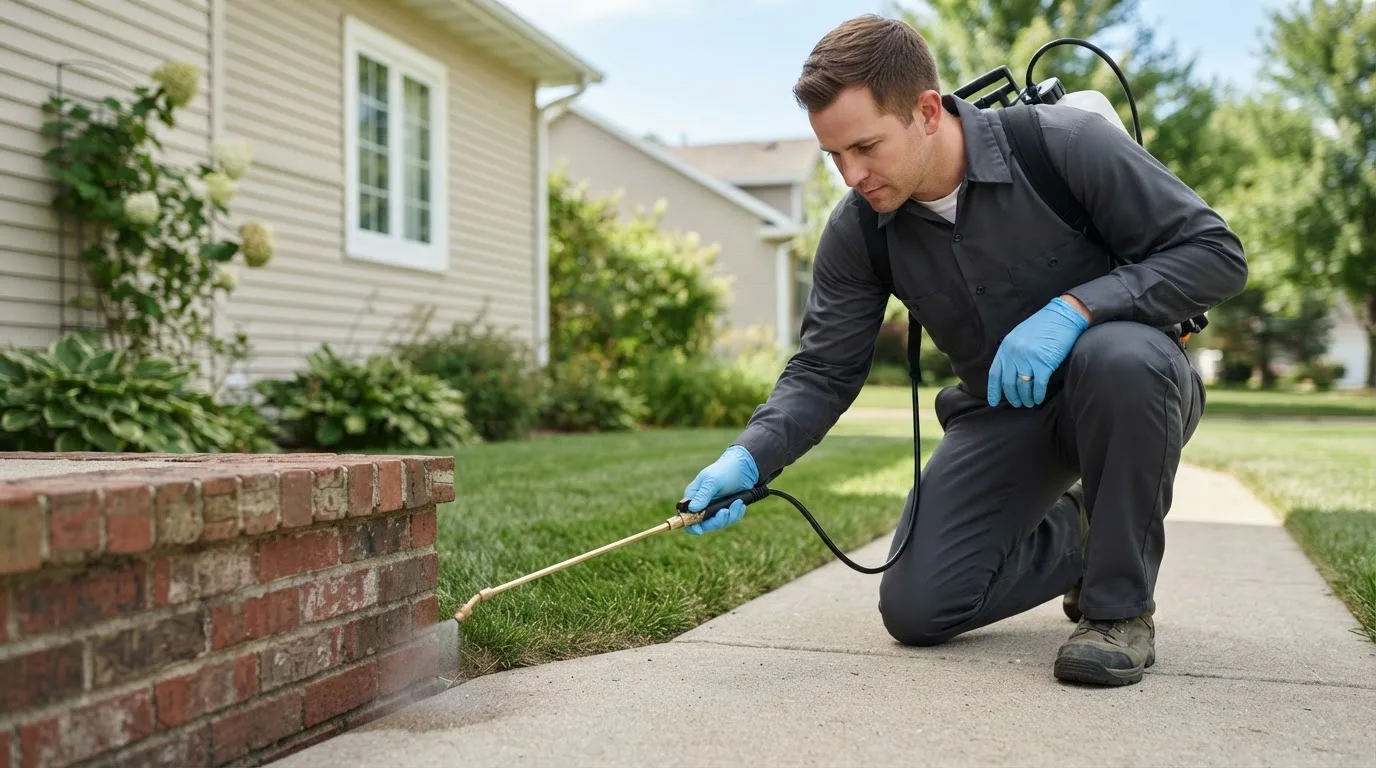 Pest control technician treating a home near Muscadine, AL